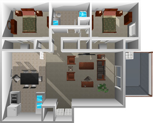 This image is the visual 3D representation of Floorplan B in Windscape Village Apartments.
