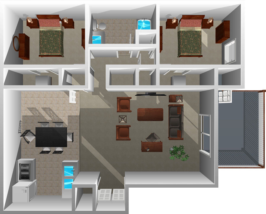 This image is the visual 3D representation of 'Floorplan B' in Windscape Village Apartments.